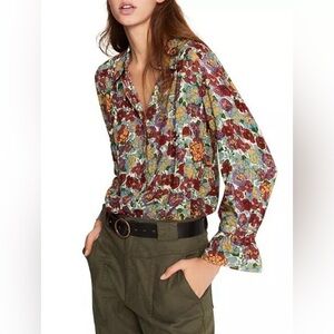 Ba&Sh Phara Pointed Collar Floral Button Down Size 2‎ US 6 Metallic Flare Sleeve